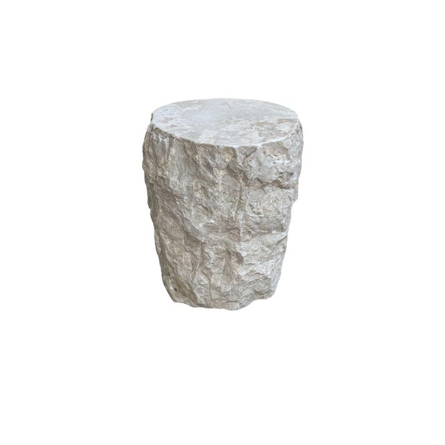 Natural Solid Marble Side Table Chiselled Finish, Smooth Top, Modern Organic For Sale - Image 6 of 7