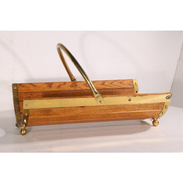 Wood Vintage Oak and Brass Fireplace Log Wood Holder C. 1970/80's For Sale - Image 7 of 11