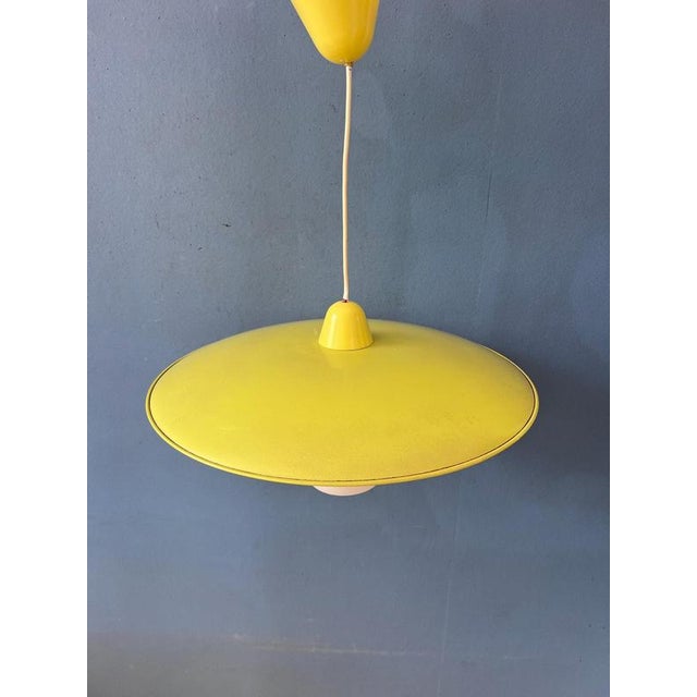 Mid-Century Modern Opaline Glass Pendant Lamp with Yellow Metal Shade For Sale - Image 9 of 13