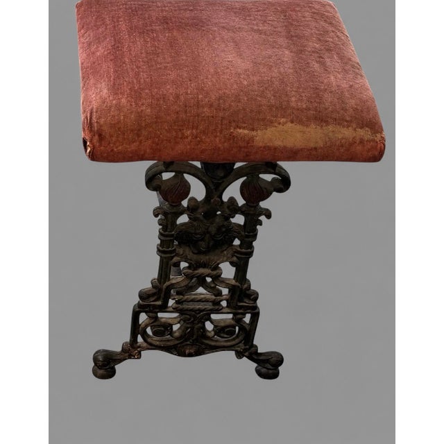 Victorian Antique Cast Iron Upholstered Bench Red Velvet Seat Victorian Gothic Hall Bench For Sale - Image 3 of 10