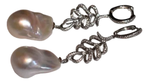 Long White Baroque Pearl Cz Sterling Silver Earrings, A Pair