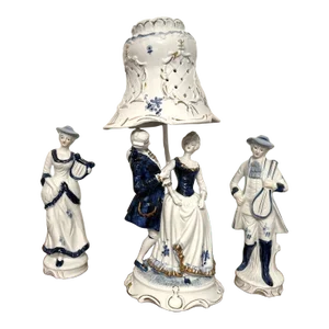 Vintage Blue and White Porcelain Figural Lamps With Side Figures - 3 Piece Set