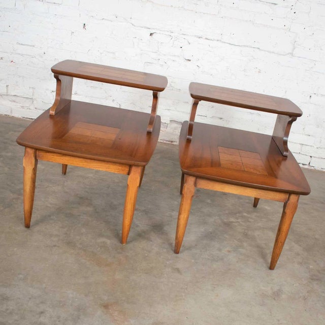 Amazing mid-century modern pair of Lane Alta Vista step table end tables style #1927 walnut with inlaid walnut burl...