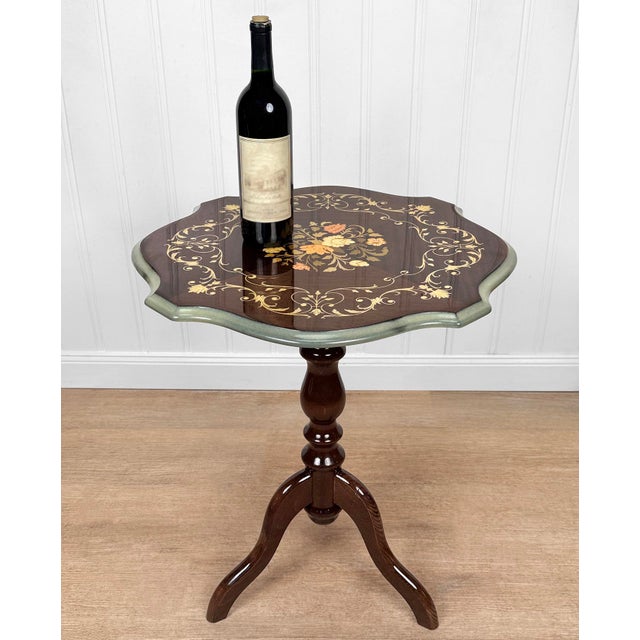 Rococo Vintage Italian Rococo Floral Marquetry Fruitwood Turtle Top Side Table For Sale - Image 3 of 12