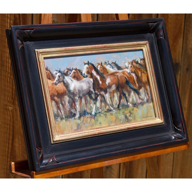 Contemporary Stampede by Lindsey Bittner Graham | Oil on board Painting of a herd of galloping horses For Sale - Image 3 of 3
