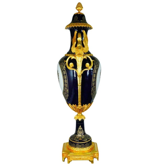 Traditional Early 20th Century French Oversized Cobalt Blue Porcelain Vases With Gilt Bronze Details- Set of 2 For Sale - Image 3 of 12