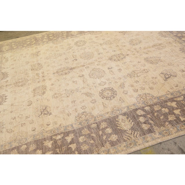 Beige Handcrafted Modern Paki Peshawar Beige Wool Rug With Palmettes Design For Sale - Image 8 of 12