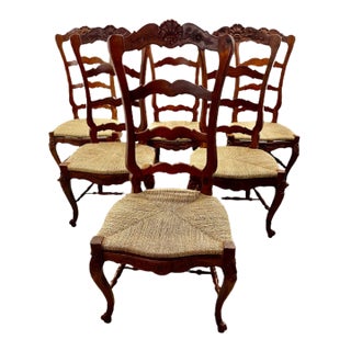 1990s Set of 6 French Carved Ladder Back Chairs With Rush Seats For Sale
