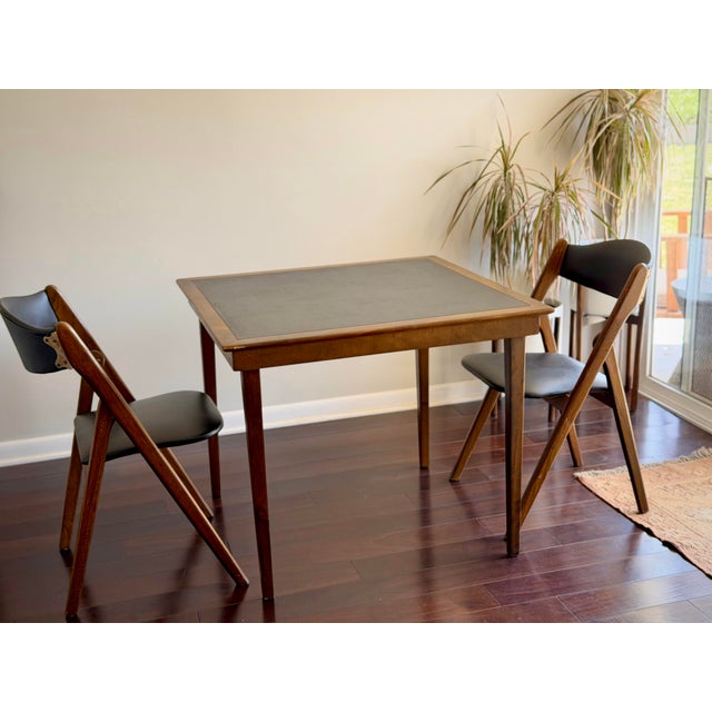 Mid-Century Modern Mid-Century 1960s Coronet “Wonderfold” Walnut Table & Pair of Folding Chairs Set With Black Vinyl for Poker Game or Breakfast Nook For Sale - Image 3 of 12