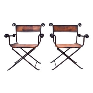 A Pair of Italian Savonarola Iron & Leather Campaign Chairs For Sale