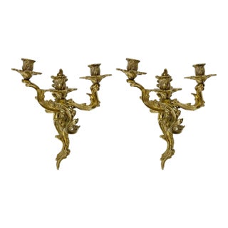 Early 20th C Louis XV Style Bronze Wall Candle Sconces, Pair For Sale