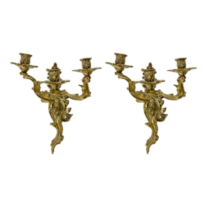 Early 20th C Louis XV Style Bronze Wall Candle Sconces, Pair