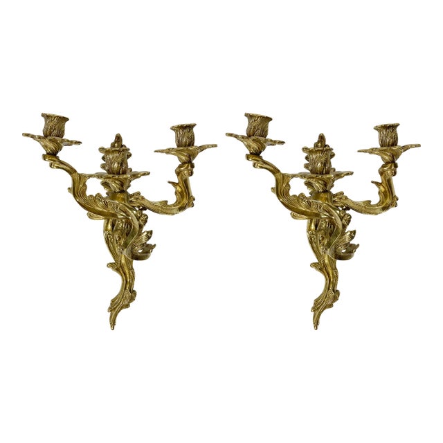 Vintage 20th C Louis XV Style Bronze Wall Candle Sconces, Pair For Sale