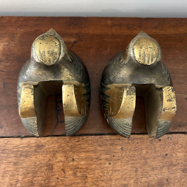 Japanese Fine Antique Pair Gilt Bronze Mandarin Duck Screen Holders For Sale - Image 4 of 5