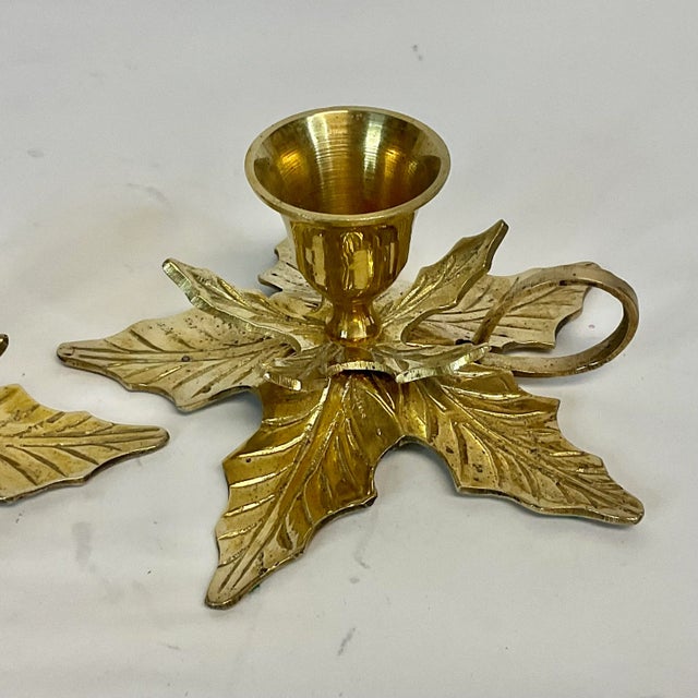 1970s Vintage Traditional Americana Brass Poinsettia Candle Holders - A Pair, Christmas For Sale - Image 4 of 12