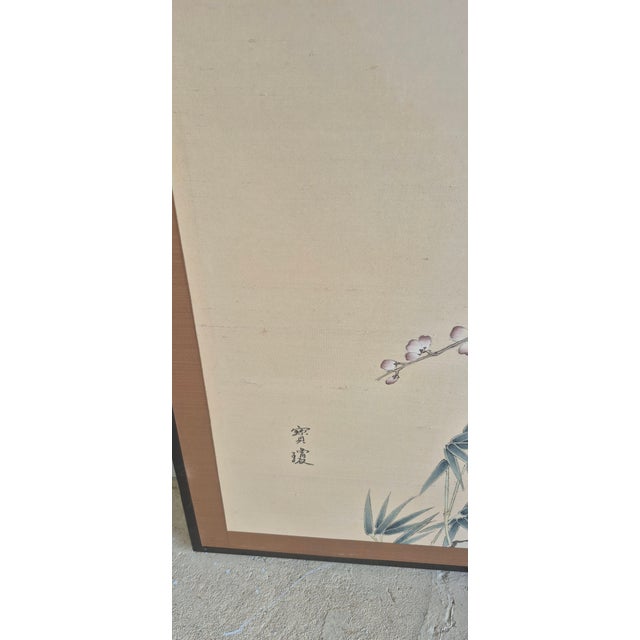 Japanese Vintage Four-Panel Painted Silk Screen "Sparrows in Bamboo" ~Signed For Sale - Image 3 of 6