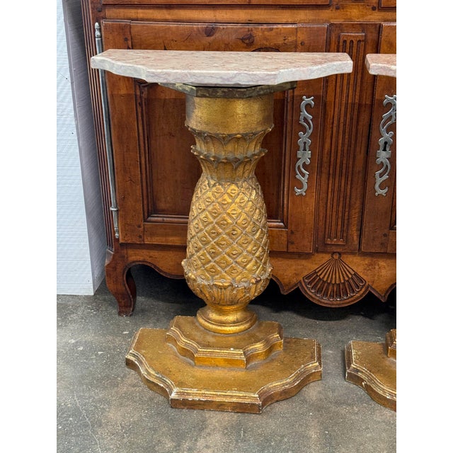 French Pair of Carved Giltwood Pineapple Consoles With Marble Tops For Sale - Image 3 of 16