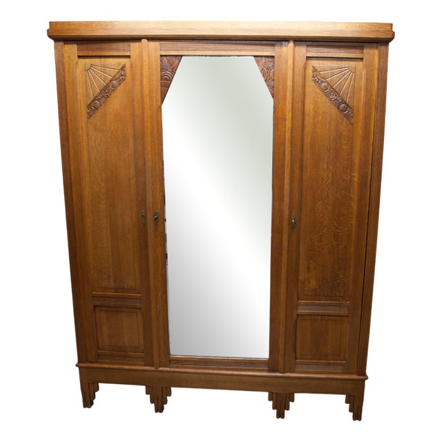 Art Deco Wardrobe in Carved Oak, 1930s For Sale
