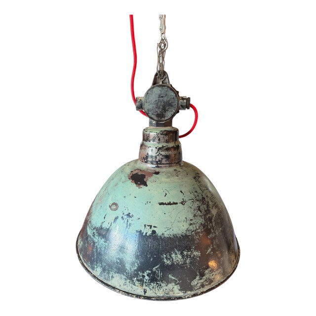Industrial Pendant Lamp with Enamel Shade and Cast Housing attributed to VEB Leuchtenbau Leipzig, 1960s For Sale