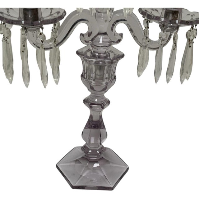 Antique Heisey Glass Puritan 3-Light Candelabra #300 Complete Prisms Sun Purple Tint c.1904-1915 For Sale - Image 4 of 9