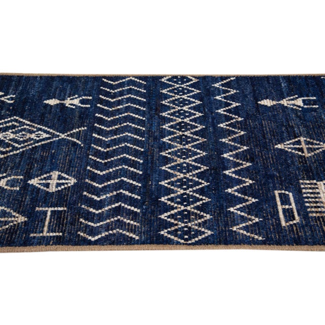 2020s Navy Blue Modern Moroccan Style Handmade Wool Runner With Tribal Design For Sale - Image 5 of 7