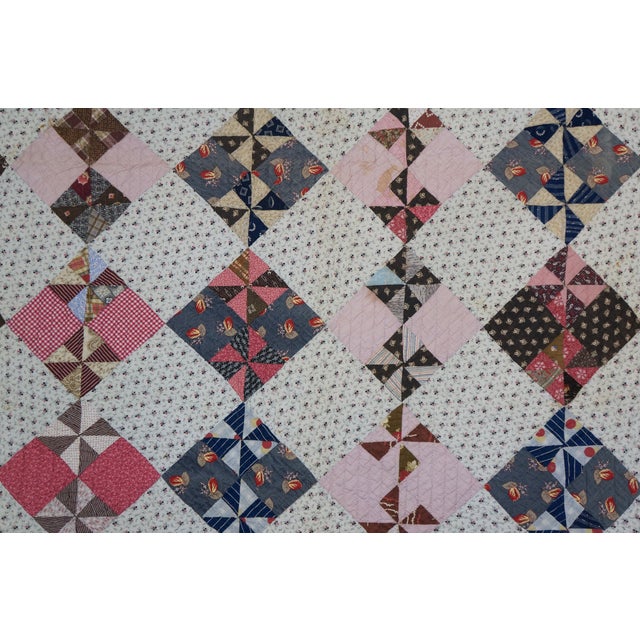 Vintage Handmade American Pinwheel Variant Postage Stamp Patchwork Quilt 76" For Sale - Image 6 of 12