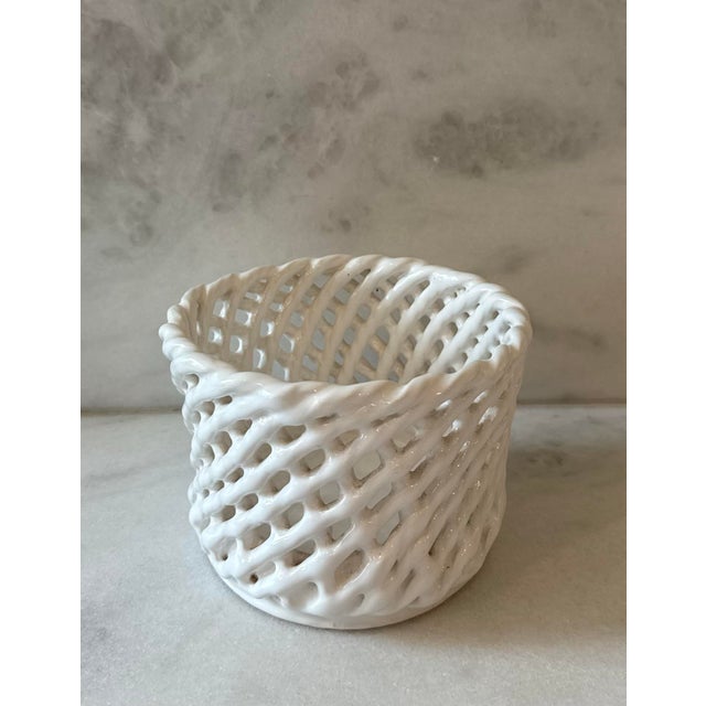Vintage mid century white ceramic woven basket, lattice bowl or planter. Made in Portugal by Berardos. Makers sticker...