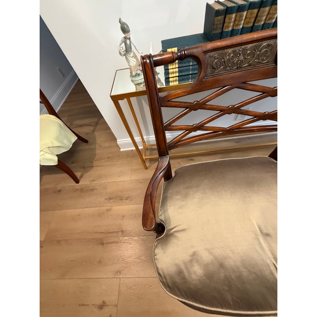 2000 - 2009 Elegant Vintage Mahogany Lattice-Back Settee With Silk Upholstery For Sale - Image 5 of 8