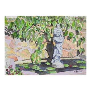 Late 20th Century Garden Statue Watercolor Painting For Sale