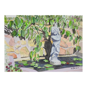 Late 20th Century Garden Statue Watercolor Painting