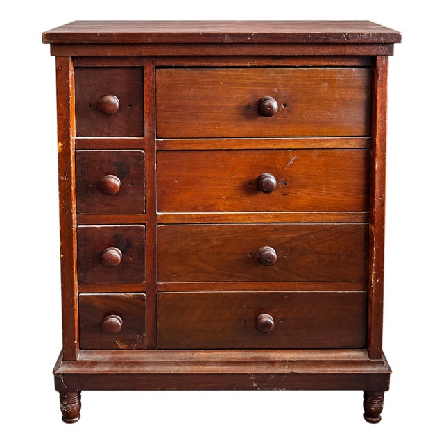 Mid 18th Century Victorian-Style 8-Drawer Wood Chest With Turned Feet For Sale