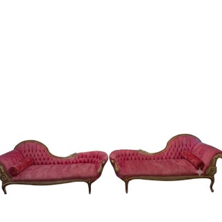 Vintage French Rococo Hot Pink Velvet Méridienne Chaise Lounges With Covers- A Pair For Sale