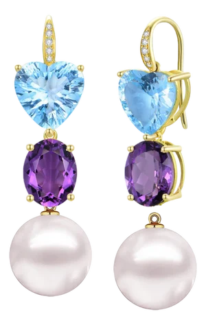GemFusion 14.85ctw Topaz Amethyst Diamond Pearl Convertible Drop Earrings in 14k Gold