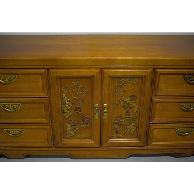 Wood Mid Century Chinoiserie Decorated 9 Drawer Sideboard or Dresser by Broyhill For Sale - Image 7 of 12