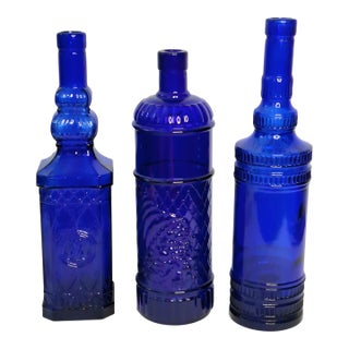 Vintage Cobalt Blue Glass Bottle Vase Lot of 3 Decorative Embossed Glass 12" For Sale