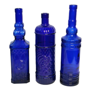Vintage Cobalt Blue Glass Bottle Vase Lot of 3 Decorative Embossed Glass 12"
