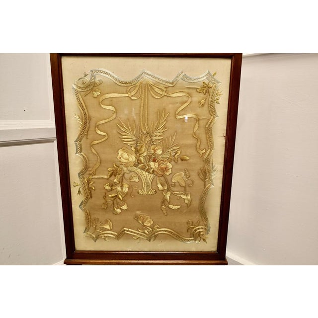 Victorian Hand Embroidered Silk and Mahogany Fire Screen, 1880s For Sale - Image 3 of 8