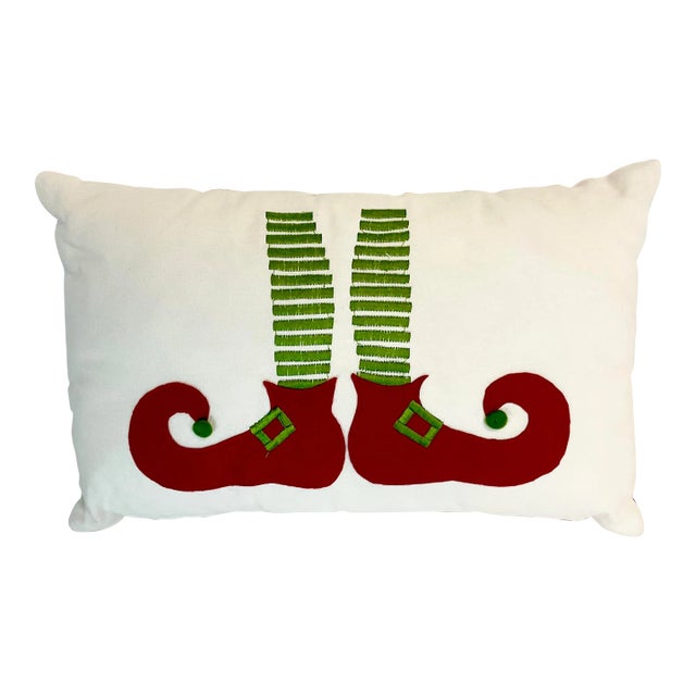 1990s Vintage Whimsical Boho Americana Christmas Elf Shoes Pillow. For Sale