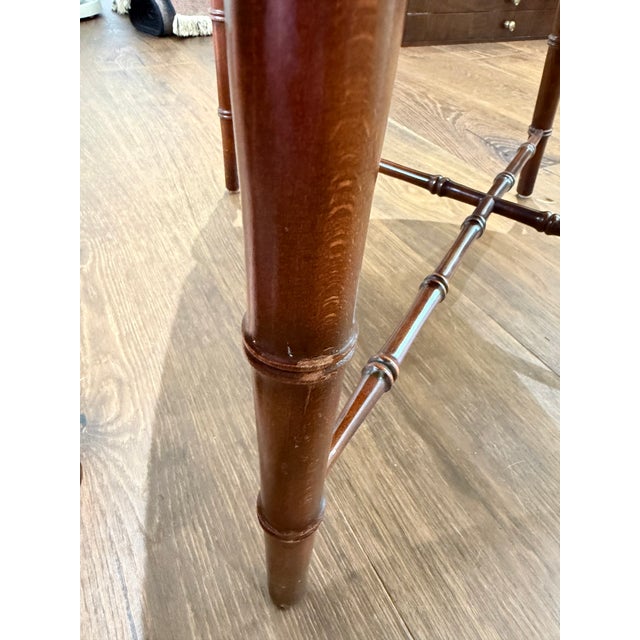 Pair of Baker Furniture Attributed Faux Bamboo Barrel Back Armchairs With Original Cane Seats & Cushions For Sale - Image 15 of 18