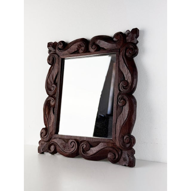 Wood Antique Wood Wall Mirror with Ornate Scrollwork Wooden Frame, 1920s For Sale - Image 7 of 16
