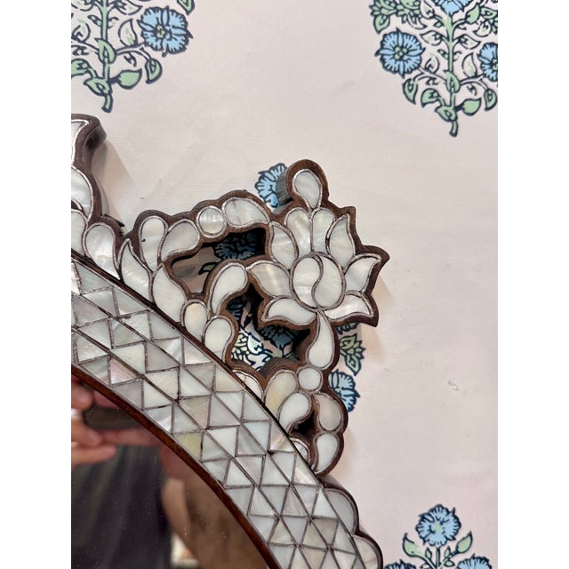 Wood 1990s Oval Shaped White Mother of Pearl Inlaid Mirror For Sale - Image 7 of 8