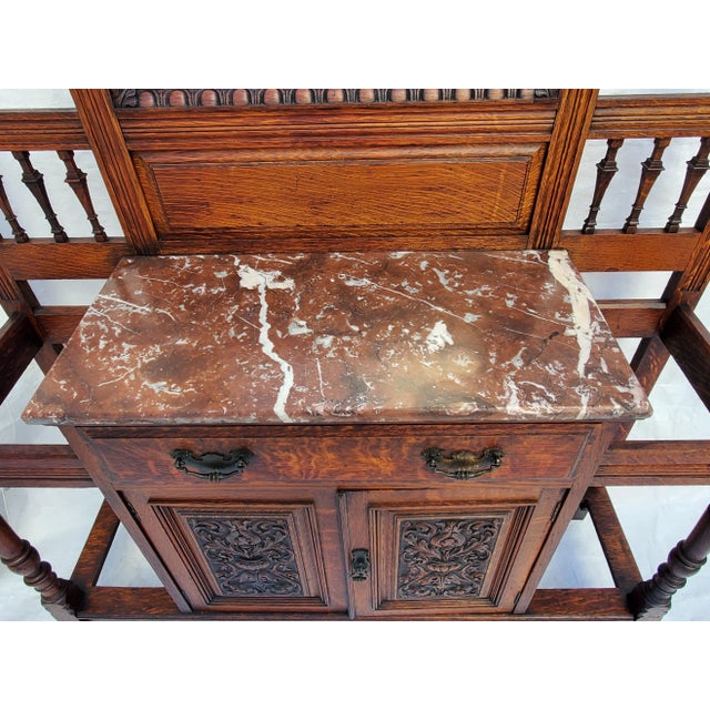 Antique 1890s Carved Oak Hall Tree W Hooks, Mirror, Marble Top