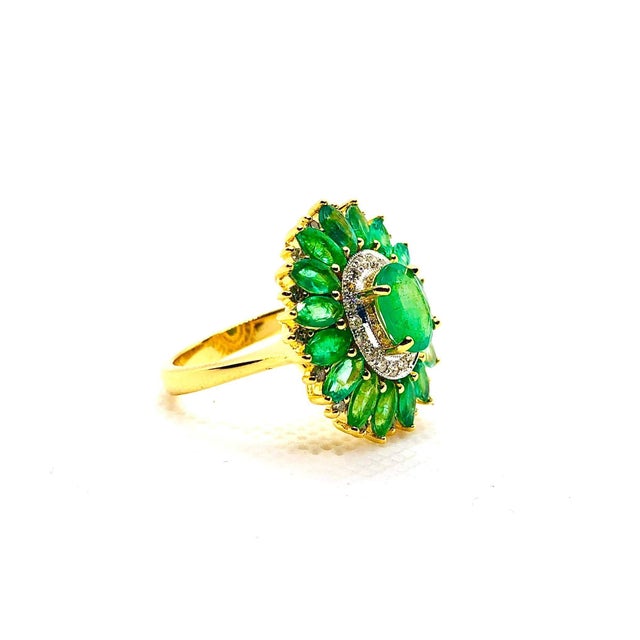 Bochic “Capri” Vintage Natural Diamond & Emerald Vintage Retro Ring Set In 18K Gold & Silver Natural Emeralds - 9 Carats...