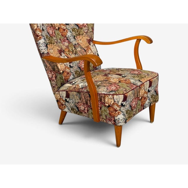 Brown Swedish Modern, Wingback Lounge Chair, Birch, Fabric, Sweden, 1950s For Sale - Image 8 of 12