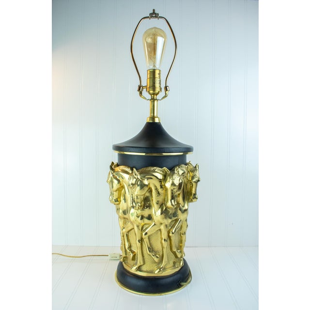 Vintage 1983 Sarreid #9018 — 8 Prancing Horses — Brass & Leather Table Lamp, Black & Gold For Sale - Image 4 of 16