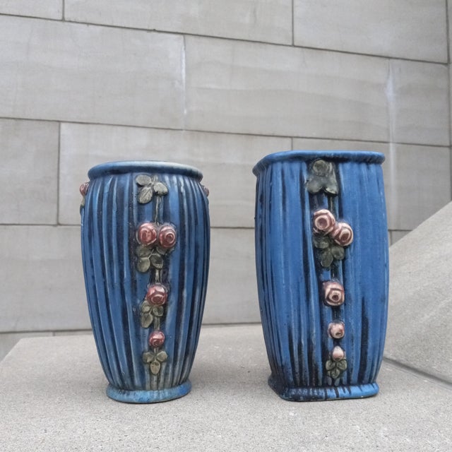 1915 Weller Art Pottery Blue Drapery Pair (2x) of Vases For Sale - Image 9 of 12