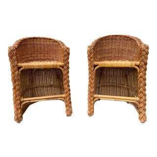 Vintage 1970’s Crespi Style Woven Rattan and Bamboo Bar Stools - a Pair For Sale