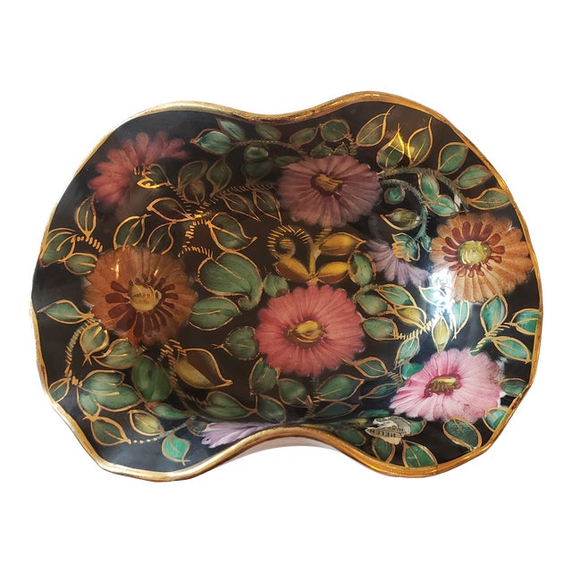 Vintage Henri Bequet Bowl Queregnon Belgium Ceramic Hand Painted Fruit Console For Sale