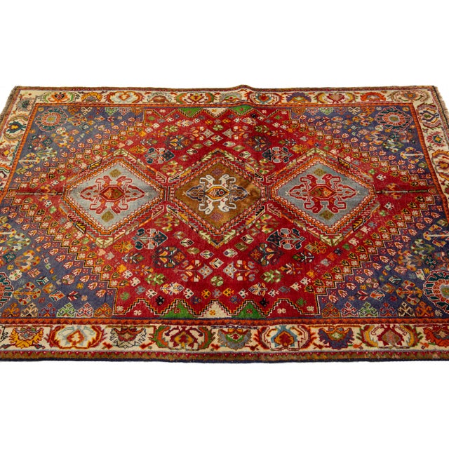 Red Vintage Shiraz Scatter Wool Rug With Allover Geometric Design For Sale - Image 4 of 9