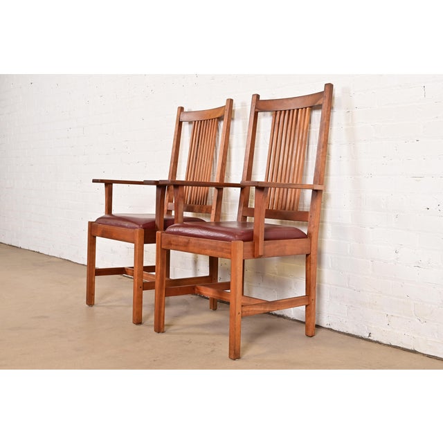 L. & J.G. Stickley, Inc. Stickley Mission Arts & Crafts Cherry Wood Spindle Back Armchairs, Pair For Sale - Image 4 of 12